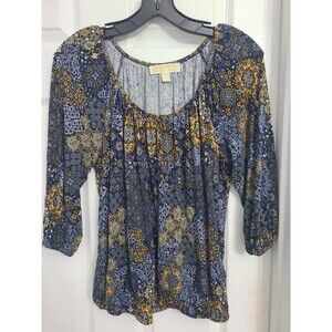 Michael Kors Women's Blue Gold Print Gathered Neck 3/4 Sleeve Blouse Top Size M